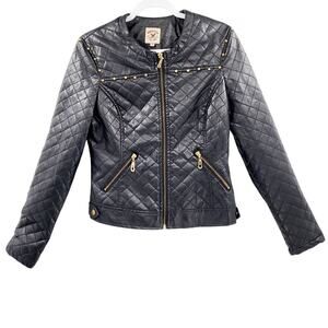 Y2K American Culture Black Quilted Leather Gold Studded Faux Leather Jacket Sz M